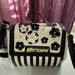 Betsey Johnson Black and White Striped Floral Crossbody Bag
